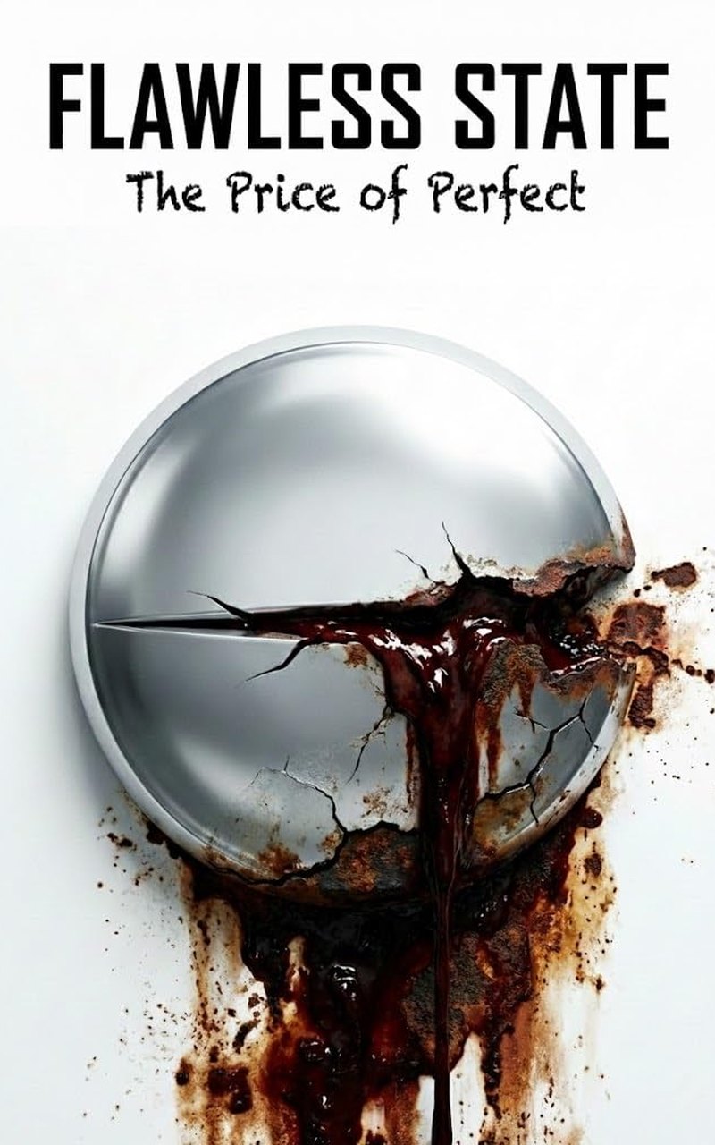 Cover of Flawless State: The Price of Perfect: a cracked steel pill bleeding rust-red across a white background.