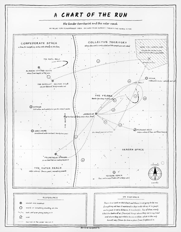 Hand-drawn chart of Confederate space, Collective territory, the Fringe and Skarrn space, with the crew's route marked in numbered legs.