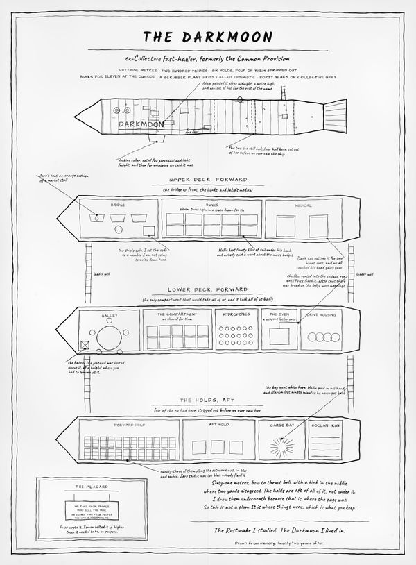 Hand-drawn plate of the Darkmoon, an ex-Collective fast-hauler, with annotated deck plans.