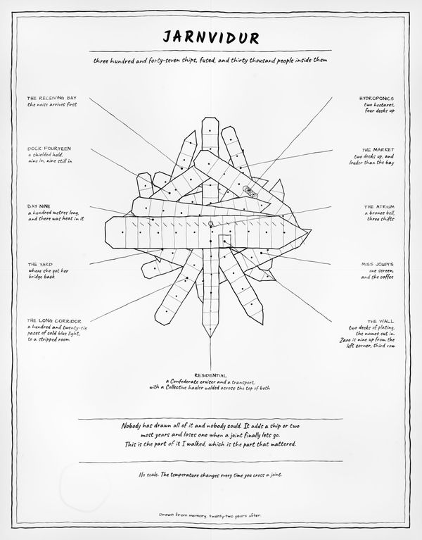 Hand-drawn plan of Jarnvidur, a station of fused ships, with labelled districts.
